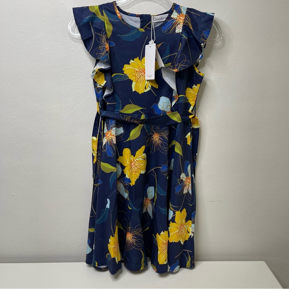 NEW Girls Floral Ruffle Trim Belted Dress: Navy/Yellow Size Youth 150 (11-12)